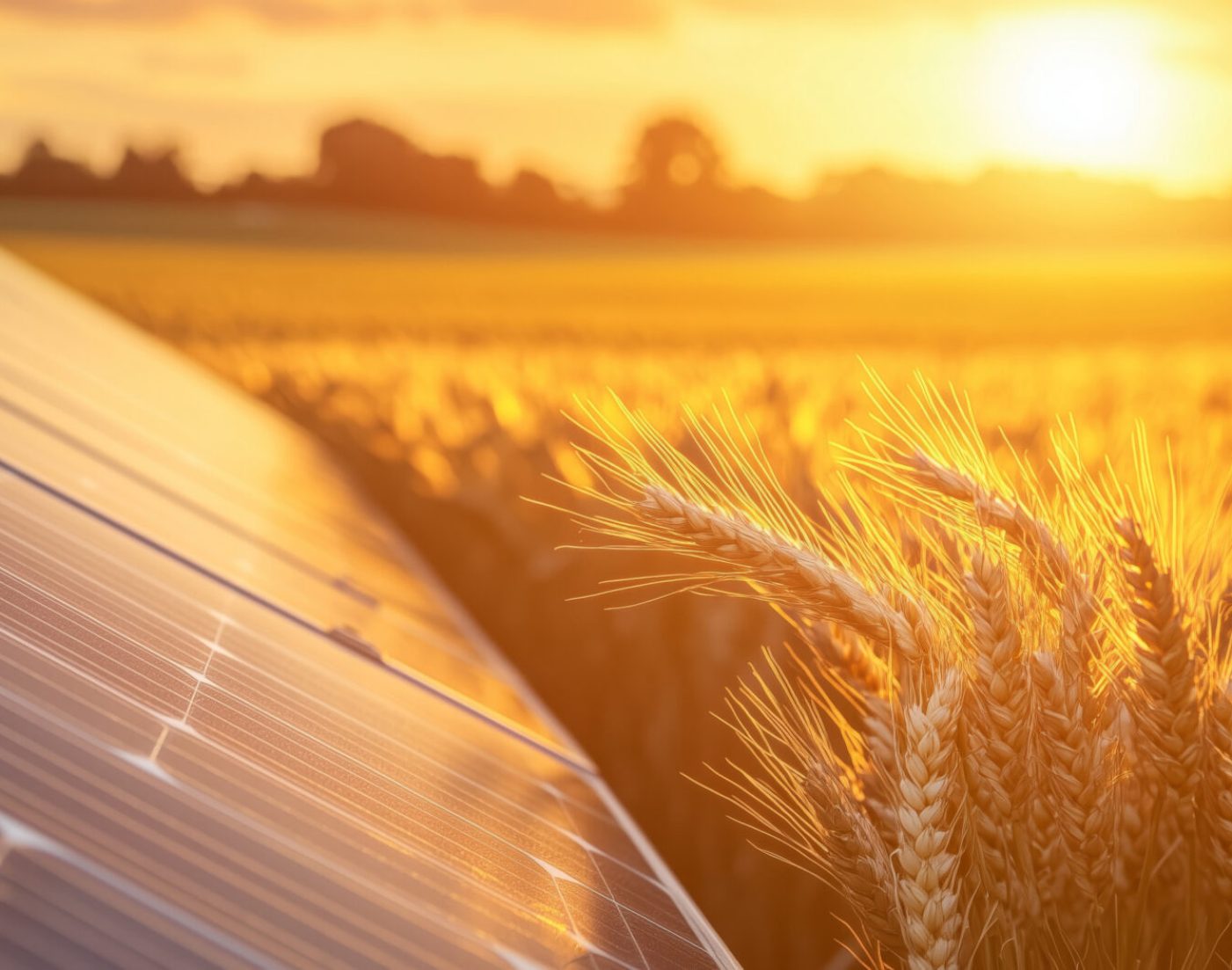 Close-up image of solar panels in a wheat field in sunset light