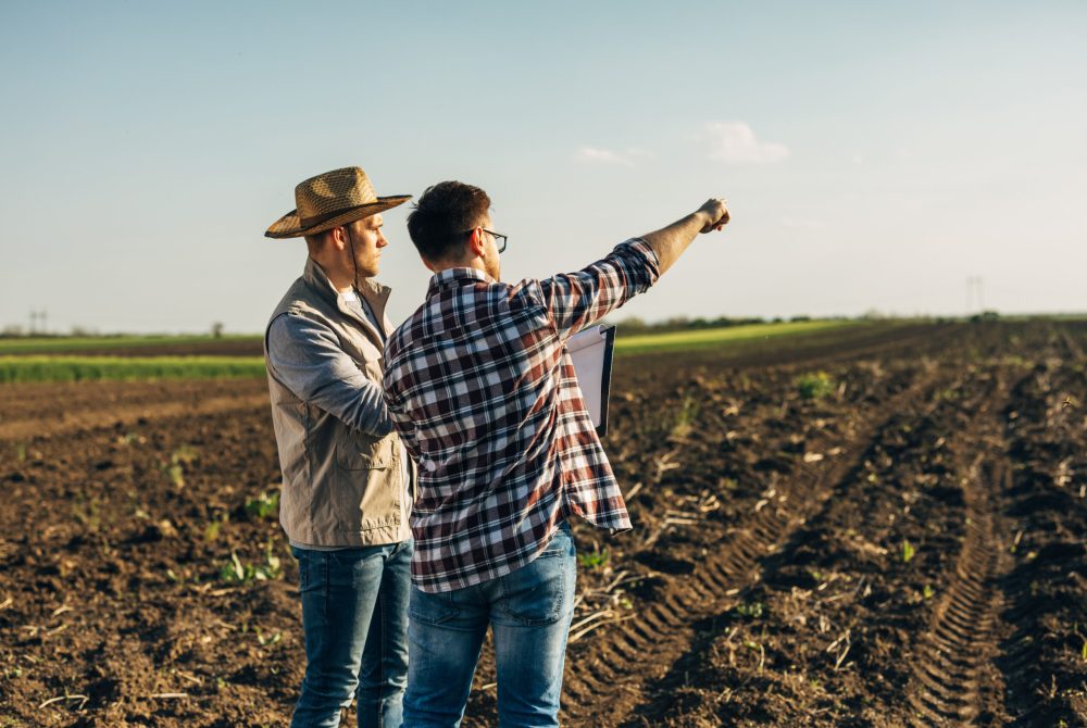 male farmers talking on field